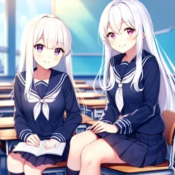 girl, masterpiece, best quality, volumetric lighting, detailed outfit, perfect eyes, long hair, white hair, purple eyes, school outfit, sitting on desk, classroom, smiling,