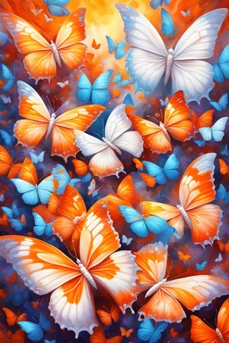 vibrant psychedelic oil painting image, airbrush, 64k, cartoon art image of background ORANGE and WHITE BUTTERFLIES , futurism style