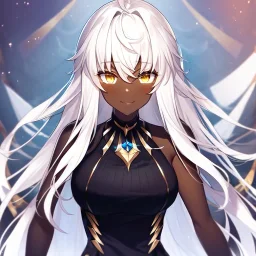 girl, masterpiece, best quality, volumetric lighting, dynamic pose, detailed outfit, perfect eyes, white hair, golden eyes, messy hair, long hair, dark elf, nervous smile,