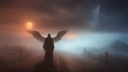 walking straight ahead over a wooden bridge, holding the angel of death with your right hand, entering the fog at the end of the road that leads to the afterlife, and a beautiful sunset and galaxy's behind the fog, realistic