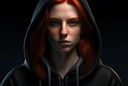 A beautiful young woman with brown eyes and shoulder length red hair wearing a black hoodie. Realistic.