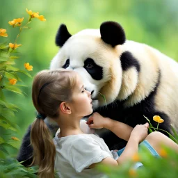 very beautiful realistic10 years old girl playing with a panda