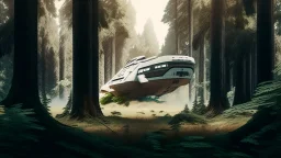 sleek cargo spacecraft landing in a clearing surrounded by trees