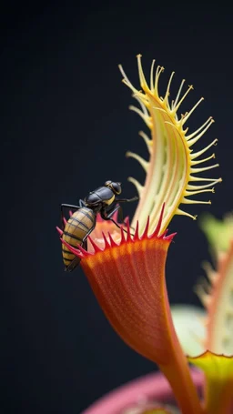 3D Venus flytrap, Dionaea muscipula, showing its trigger hairs. Trapping a big insect