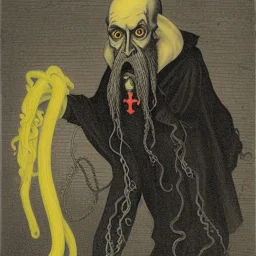 Nosferatu vampire with a beard made of tentacles as a Russian Orthodox with yellow eyes and vampire fangs