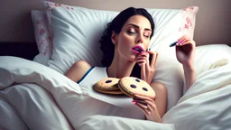 lady on the phone lying in bed eating cookies and munchos