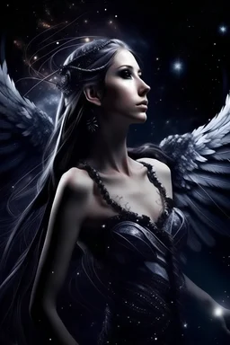 Fallen angel, beautiful, chaos vs order, space, galaxy, woman, braid, corset