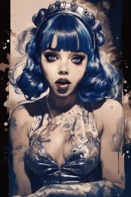 Poster in two gradually, a one side the Singer Melanie Martinez face, full body, sit pose, painting by Yoji Shinkawa, darkblue and sepia tones,sinister, detailed iridescent, metallic, translucent, dramatic lighting, hyper futuristic, digital art, shot with Sony Alpha a9 Il and Sony FE 200-600mm f/5.6-6.3 G OSS lens, natural light, hyper realistic photograph, ultra detailed -ar 3:2 -q 2 -s 750,malevolent goth vampire girl face and other side