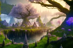 Immersive​ fantasy elven town city in the deep forest with ancient elder tree beautiful blossom nature river 4k full hd