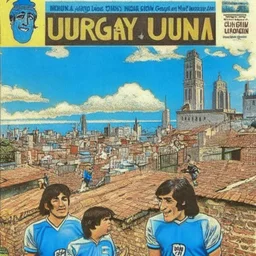 A 1980 medieval london comic cover of uruguayan sky-blue football magazine. At the street city, Monty Pyton. Favelas.