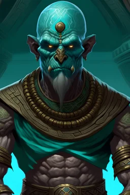 Goliath monk humanoid 10 feet tall teal eyes