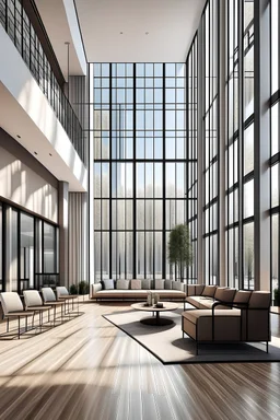 large single-story double-height lobby in a rectangular space with plenty of chairs and furniture with large windows, minimalist