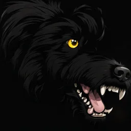 an angry scruffy black terrier on black background, yellow eyes, defined teeth, make 30% brighter, illustration