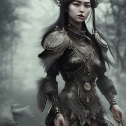 only wonderfull japanese woman, dress Valkyrie, black hair, detailed pattern, pattern, template, prototype, weaving 4k, realistic, village, fog, reain