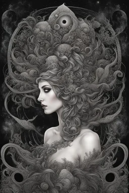 mystical female weird creature, mystic dark matter, dark energy, Fibonacci sequence, dark shadows, etheral, mist, ezoteric, mystic dark sky, surreal, sensitive, sinister, dark fantasy, space between the living and the dead, creepy, inks, splash, intricately detailed, sharp focus, cinematic, masterpiece