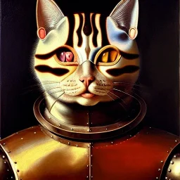 oil painting of a beautiful symmetrical cat with armor, XV century, by El Bosco, Leonardo da Vinci, Goya 8k