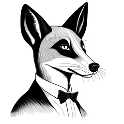 A Duke with a beautiful, quiet, black fox head, a simple, clear drawing.