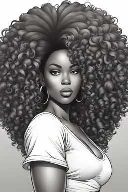 Create a coloring page of a beautiful curvy black female looking to the side with curly afro hair. No shading, No color, clean lines