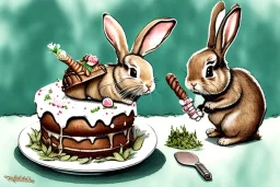 Bunny is having a birthday cake with a hand grenade. Highly detailed, smooth colours, realistic landscape. Aquarell