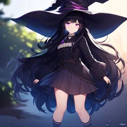 Clear focus,High resolution, black long fluffy hair, long fluffy bangs, purple eyes, wearing a witch outfit, wearing a short skirt, shadow