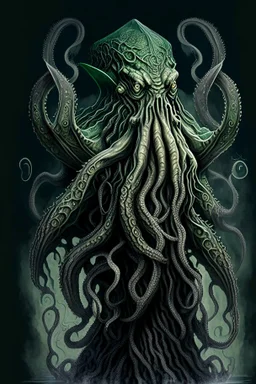 A stunning realistic artwork design of Cthulhu in full body, commanding an imposing presence. The design captures Cthulhu's monstrous features with meticulous attention to detail, showcasing its multitude of tentacles, intricate patterns, and eerie eyes. In this artwork, Cthulhu wears an elaborate hat, adding a touch of sophistication to its terrifying visage. The design is created in ultra-high definition, utilizing 8K resolution to bring out the finest nuances and textures of the artwork. This