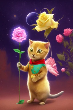 Der kleine Prinz als Katze mit Rose in der Pfote