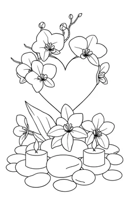 outline art for visually rich appealing heart ikebana orchids plumeria spa rounded stones around candles, coloring page for kids, white background, fit to page, only use outline, clean line art, no shadows, clear and well outlined