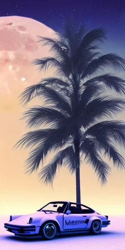 1980's aesthetic vaporwave palm trees with moon with porsche in the winter snow with lightning