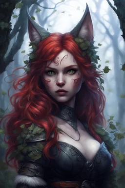 CAT GIRL, FANTASY, FORESTY, VINES, SOULLESS, FLUFFY TAIL, VIKING RED HAIR, METAL