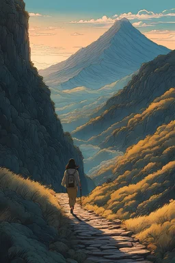 portrait of a lone woman trekking along a spirit haunted mountain trail, pierced by shafts of early evening light , art in the style of spirited away, studio ghibli, 8k , finely detailed and precise line work