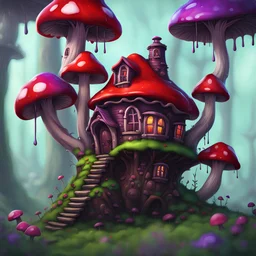 A weird mushroom house with drippy spots on a floating space island. black purple red green. Detailed gloss Painting, rich color, fantastical, intricate detail, splash screen, hyperdetailed, insane depth, concept art, 8k resolution, trending on artstation