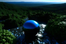 wide shot of a black and blue base on white planet (greenish forest in background)