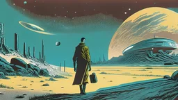 1965 vision of dystopian.future. wandering destitute in an inhospitable distant environment. inescapable cosmic cognitive espionage. blockbuster mid century film still. beautifully illustrated comparable to international best selling graphic novel