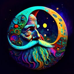 Super colorful complmentary deep vibrant colors By Alexander Jansson, Surreal image of a huge 3D crescent moon, the moon has an old man's face and beard.