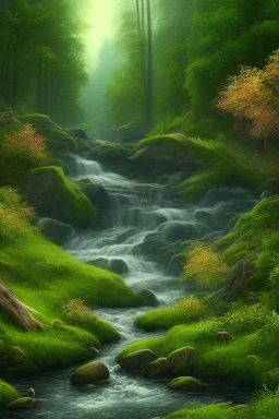 Generate an image of a serene forest scene with a river running through it.