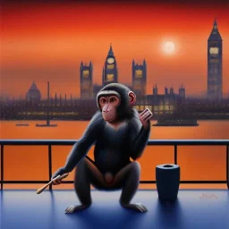 A monkey playing the drums, london skyline at night, oil painting