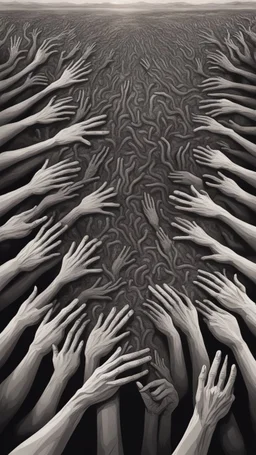 a field of thousands of hands of bodies buried in the ground not visible, horror, hands with different fingers shapes Busch painting style nightmare and thin line draw