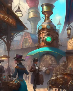 A bustling steampunk marketplace filled with quirky gadgets, steam-powered contraptions, and colorful Victorian attire.