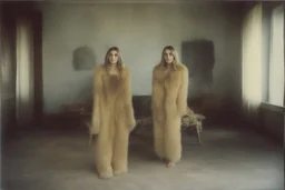 Sharon tate, without a face, , hippie girl, gold fur, in a liminal empty room, old autochrome