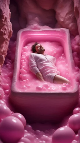 full body portrait of soap star sleeping in a sarcophagus filled with transparent pink liquid inside mine shaft,bokeh like f/0.8, tilt-shift lens 8k, high detail, smooth render, down-light, unreal engine, prize winning