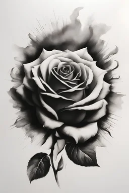 A realistic drawing in negative space black ink on white background of a rose inside a sun with very defined and correct details and brushstrokes smoke around it