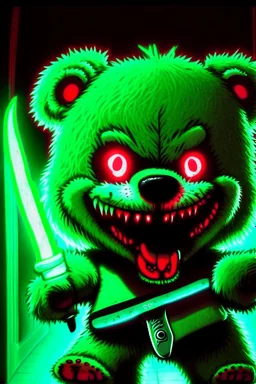 A maniacally laughing psycho evil teddy bear holding a knife, his one eyeball (made of a button and thread) hangs down his furry face, creepy, nightmarish, scary and surreal, the background is a bloody hallway erupted with bright neon green flames, animatronic, cartoonist, absurdist, exaggerated, character design, horror cut v.I, horror art, five nights at Freddy, similar art to chucky, garbage art, graphic novel illustration style, videogame art, post modern cartoon, trending on artstation, Ka