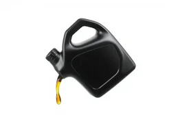 whole bottle(black plastic, generic motor oil) floating in middle of image, on it's side pouring(oil) out of the opening. white background, Smooth vector