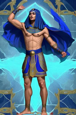 [ancien Egypt, real photography] Clad in a robe of deep cobalt blue, Akkiru's attire seemed to meld seamlessly with the boundless expanse around him. The fabric, adorned with motifs that echoed the rhythmic dance of waves, flowed gracefully in the wind. As he gripped the ship's ornate railing, his fingers - calloused by the duties of leadership - clung with a practiced firmness, a testament to his unwavering grip on the helm of his people's destiny.