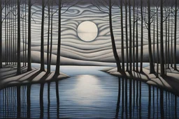 shadows on the water haunting scene reflections and illuminations in the style of alex grey with black, white, grey, and hints of blue