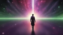 matrix universe, space, planets, god creation walking on light, purple, dark green and red,