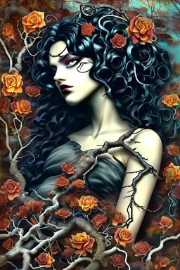 abstract creation of a beautiful girl with black curly hair, surrounded by black roses, thick metal chain broken, glass petals on the ground, autumn colours,dried out thorn bush, chaos,