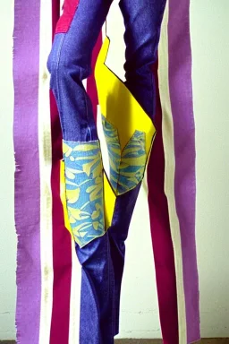 Photograph of a woman. Low waist jeans! bright blue jean,baggy, 1996!Huge plant prints on denim,terracotta,cream,purple,lilac. Cream colored latex parts. imperial yellow, red plum stripes, only on the top half of t-shirt. European daft punk woman. Mantle is sewed of recycled Denim and sewed together of recycled polymer felt. lace, Yellow(Munsell) areas. hint of orange as effect color!!Big bright purple/khaki felt tippet and cream or blue or lilac colored-hood. mantle is merged with cobalt bole