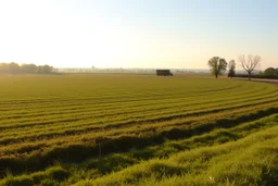 clearing next to an ideal farm field, sunny afternoon, product photo setting, mid-level horizon, taken from 15 feet up