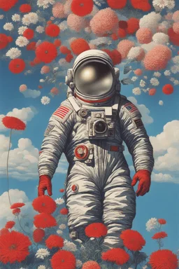 cloud in blue sky, a red lip, collage art, dreamy objects, surreal, criterion collection, showa era, intricate details, mirror modern NASA astronaut wearing a space suit on a planet made of flowers